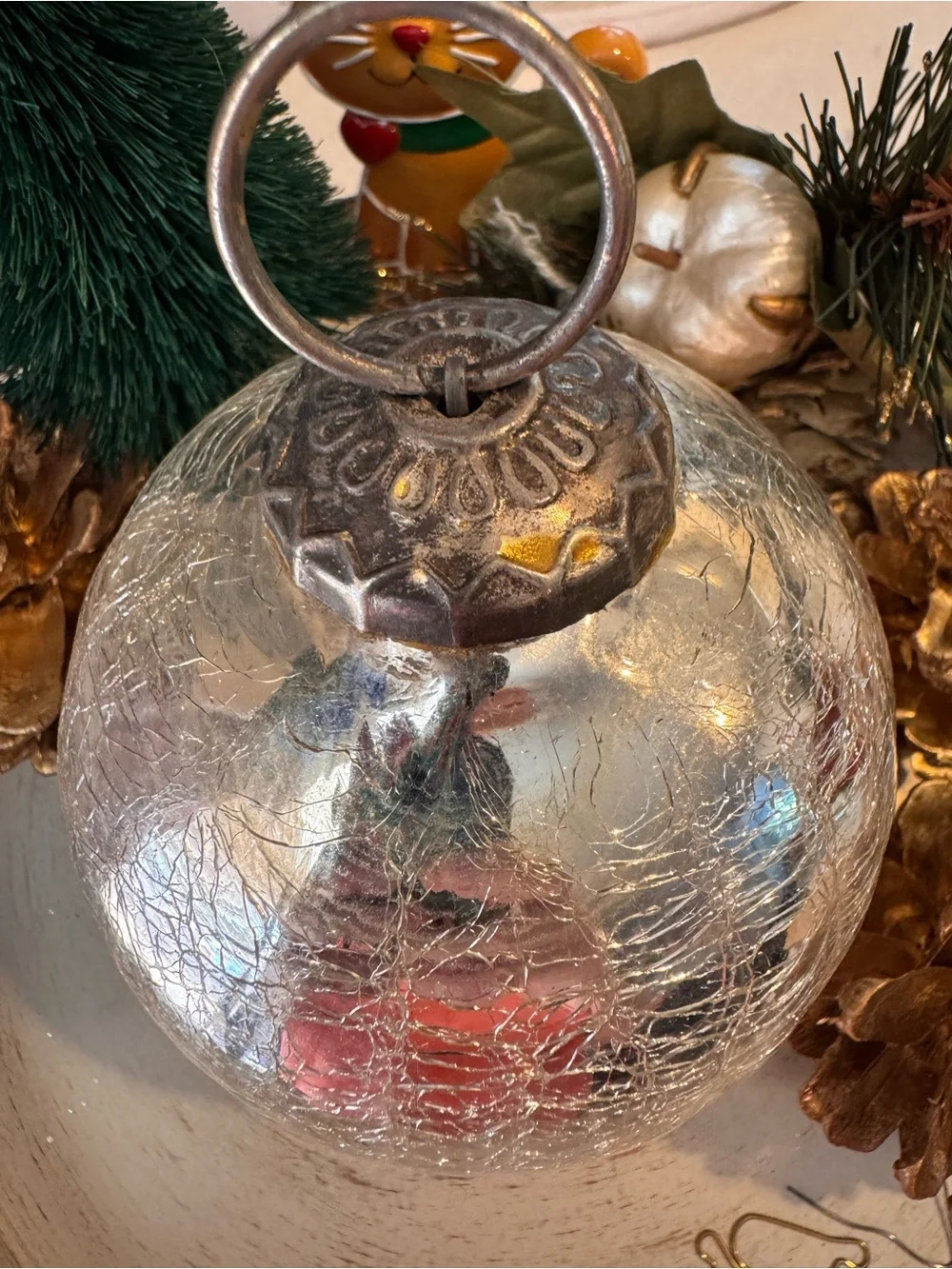 🎄Set of 2 Kugel Style Heavy Blown Crackle Glass Ornaments Gold & Silver Lot